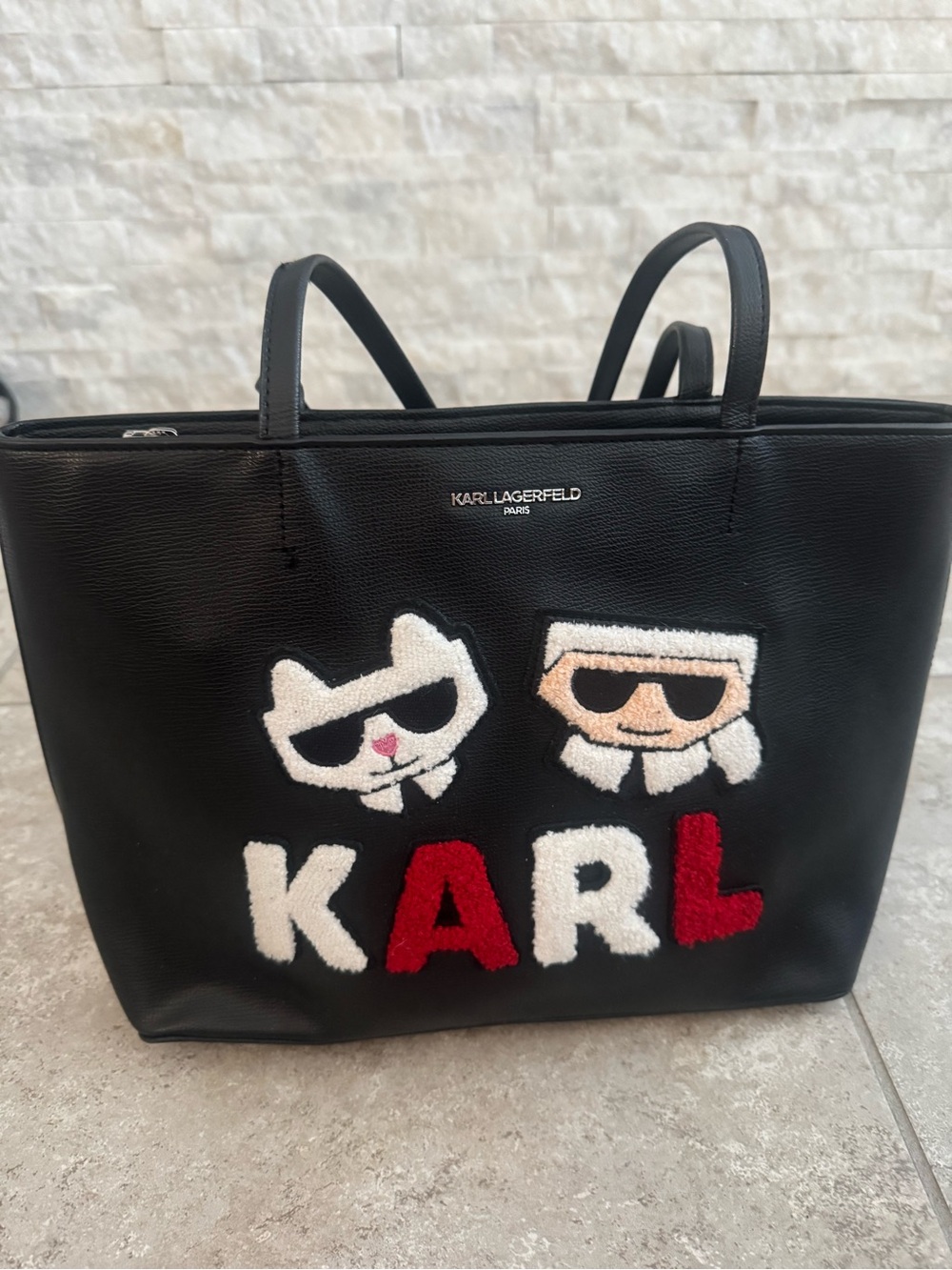 Karl Lagerfeld Maybelle Black Tote with White and Red 'KARL' Appliqué